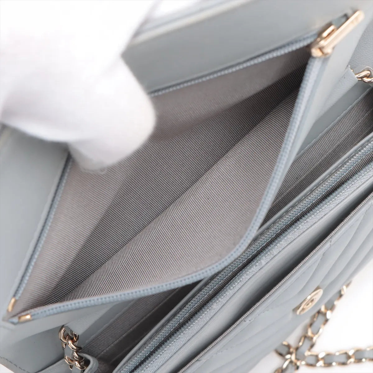 Chanel CC Logo Chevron Lambskin Chain Wallet Bag Gray