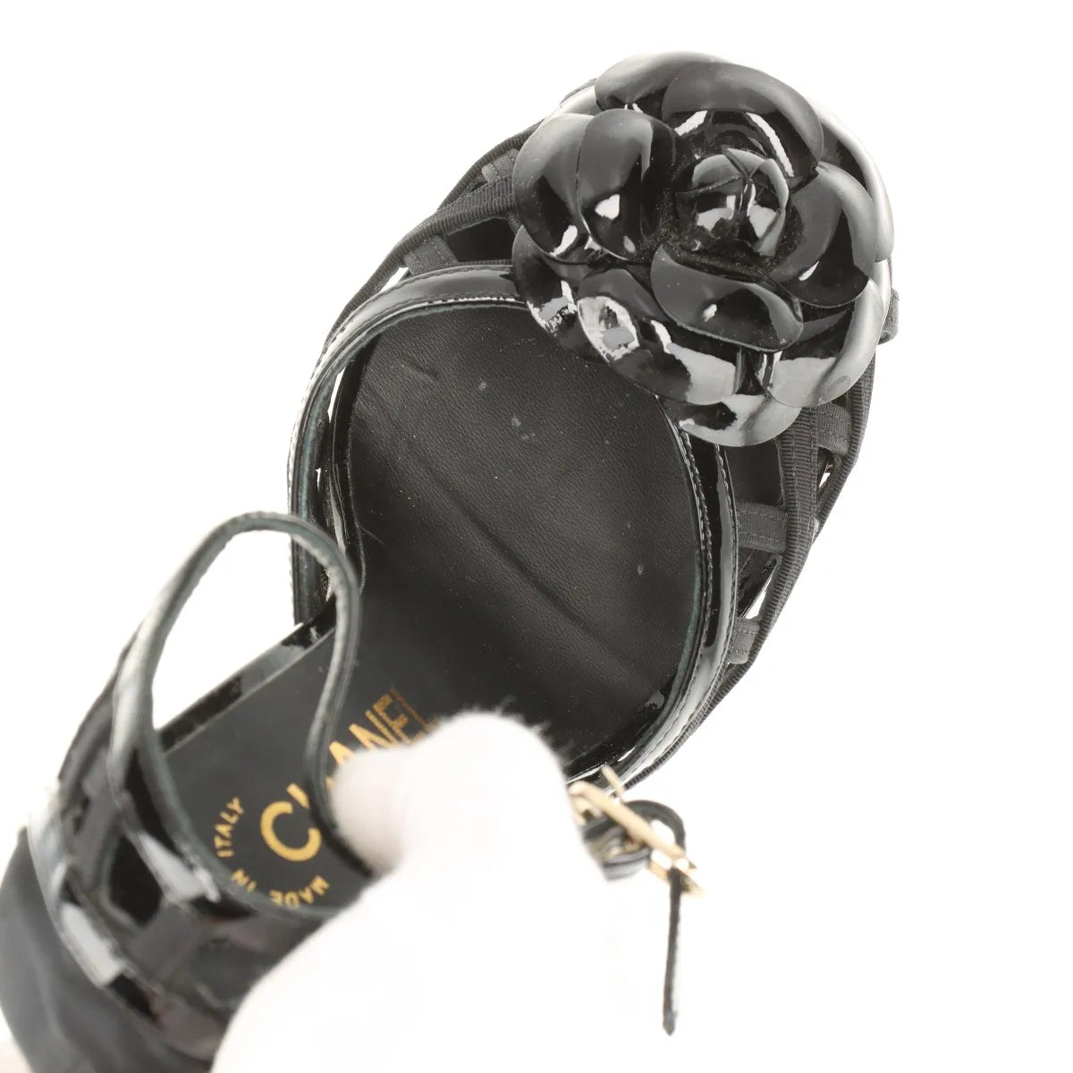 Chanel Camellia CC Logo Matelasse Patent Leather Strap Pumps Black
