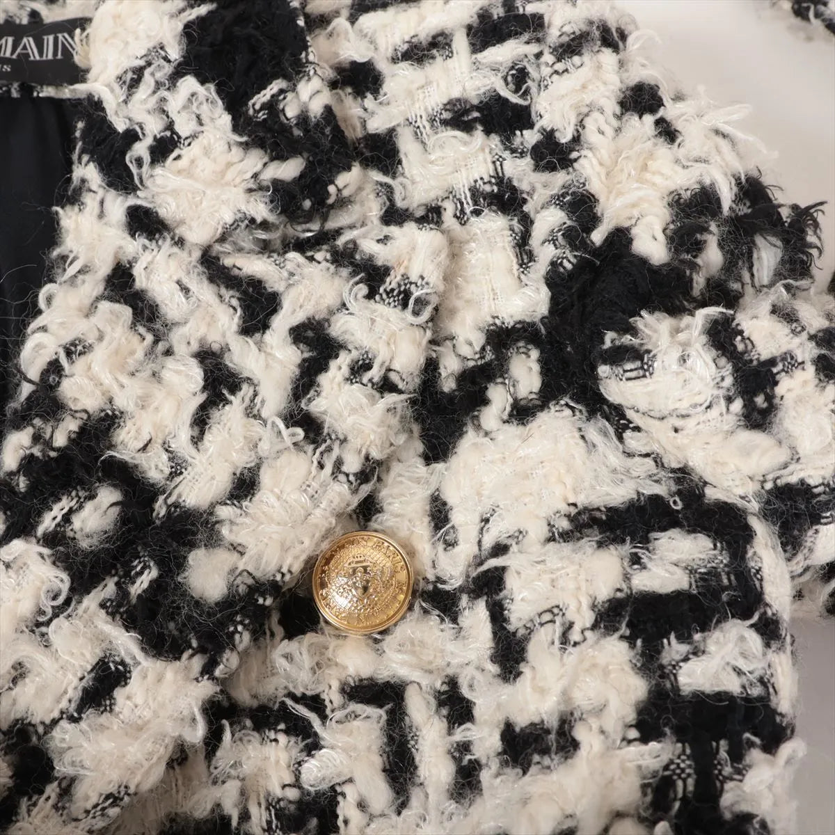 Balmain Tweed Wool Double Breasted Long Coat White x Black