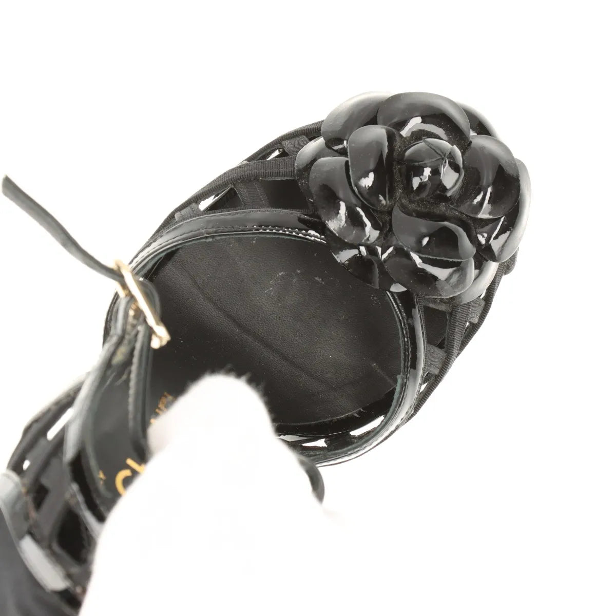 Chanel Camellia CC Logo Matelasse Patent Leather Strap Pumps Black