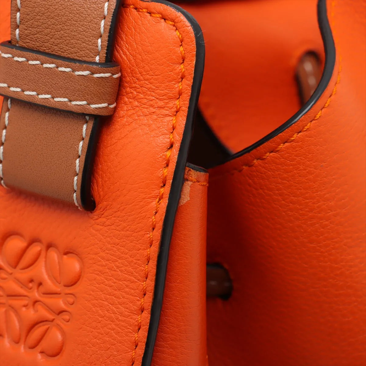 Second Hand Loewe Hammock Drawstring Medium Straw Leather Shoulder Bag Brown x Orange