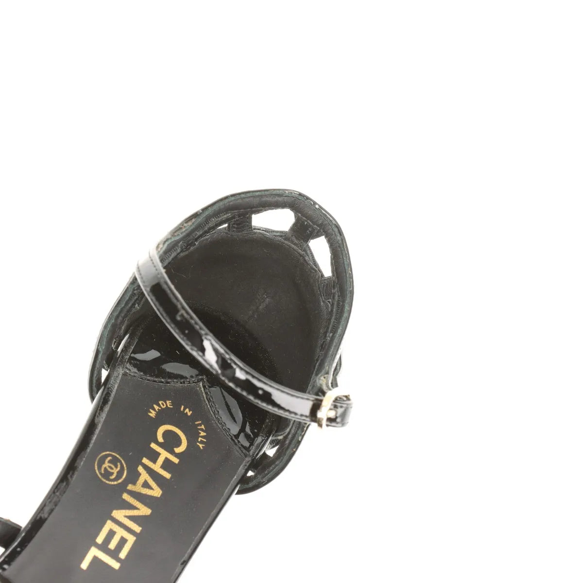 Chanel Camellia CC Logo Matelasse Patent Leather Strap Pumps Black