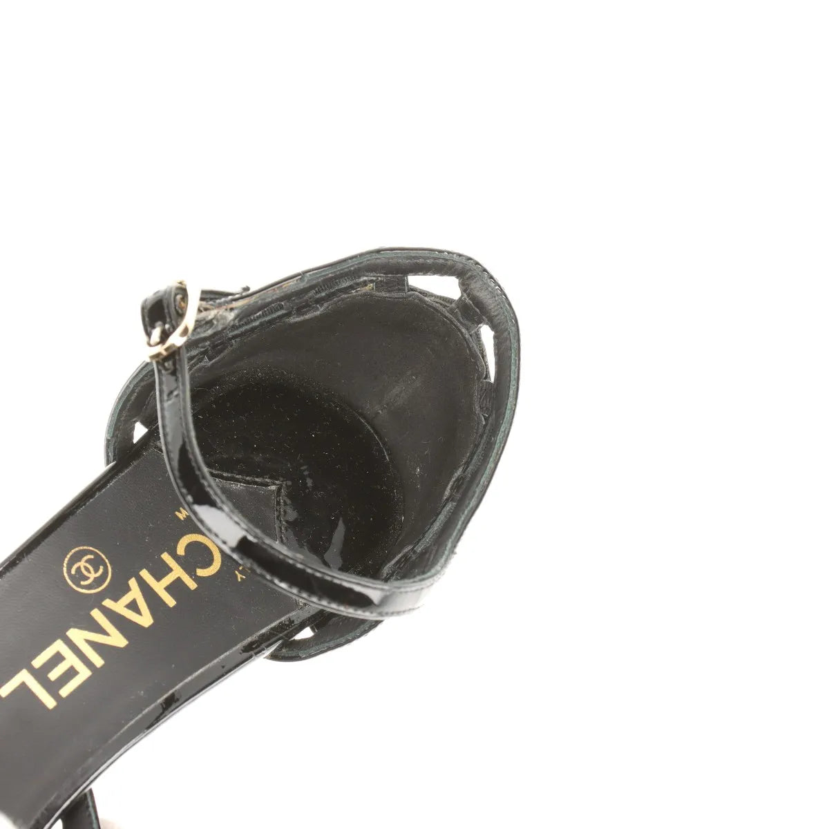 Chanel Camellia CC Logo Matelasse Patent Leather Strap Pumps Black