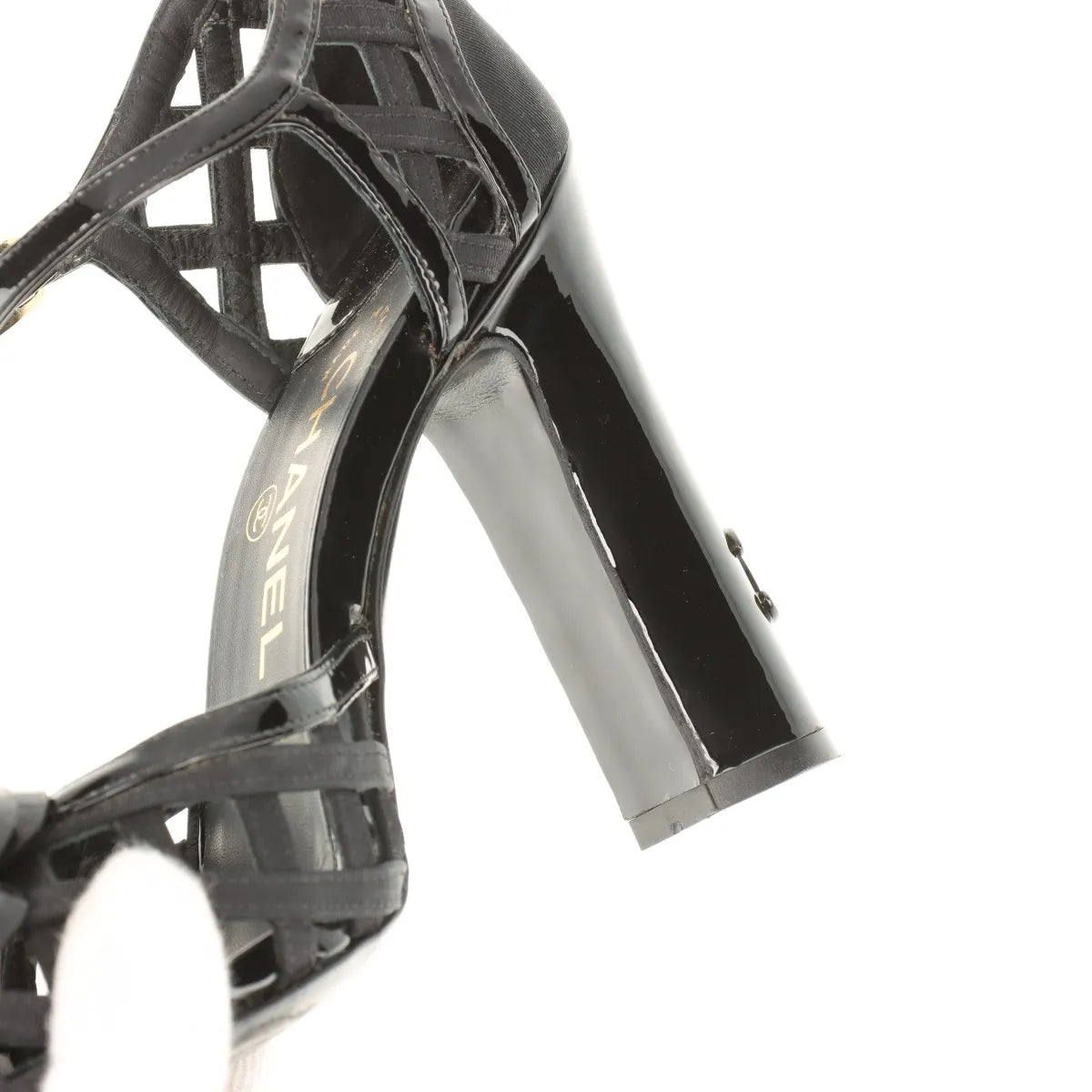 Chanel Camellia CC Logo Matelasse Patent Leather Strap Pumps Black