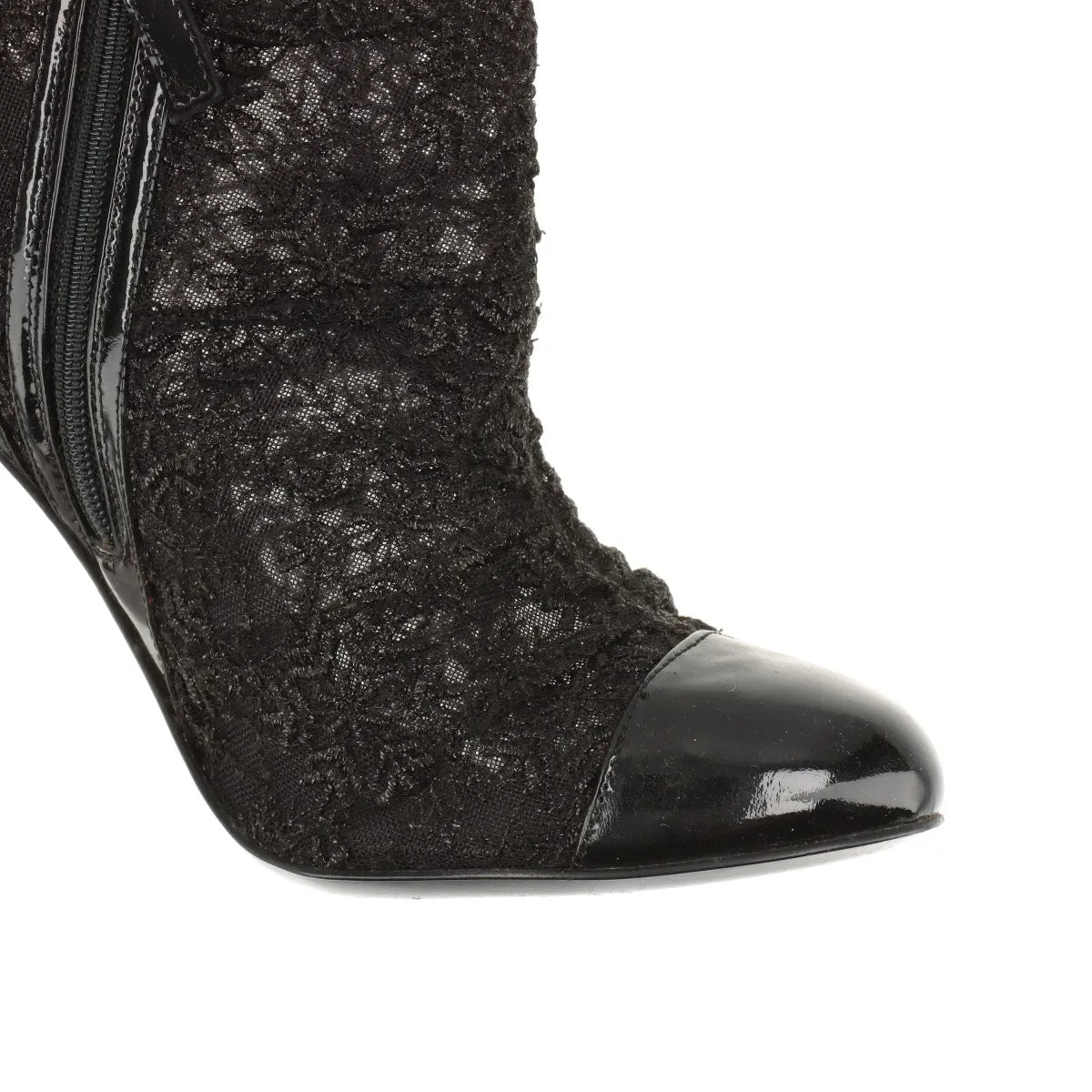 Chanel CC Logo Lace x Patent Leather Pointed Heel Boots Black