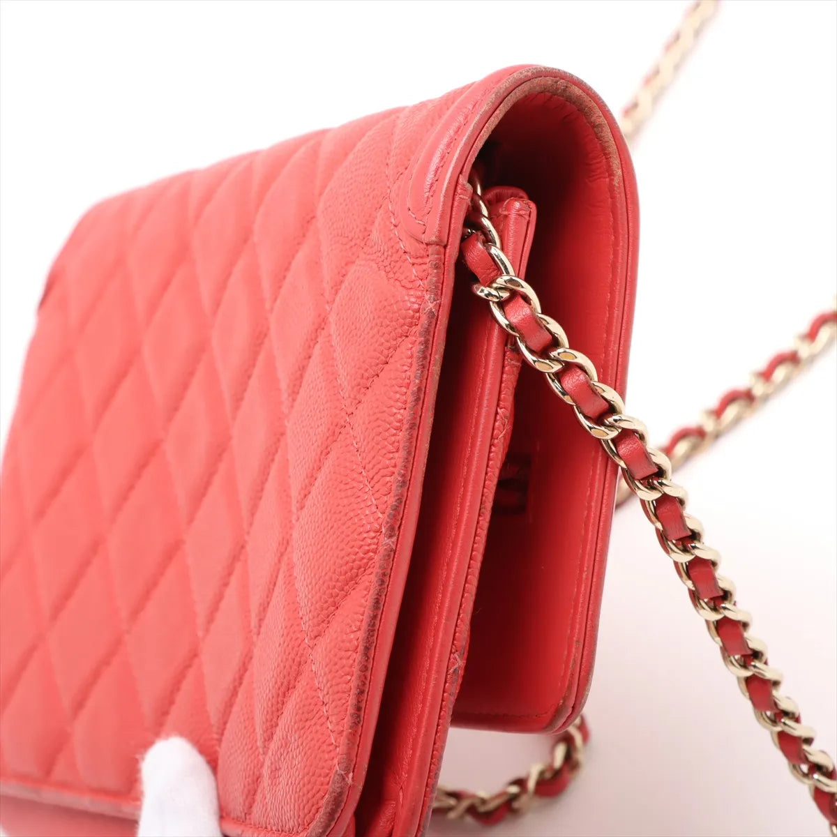 Chanel CC Logo Filigree Caviar Skin Chain Wallet Bag Red