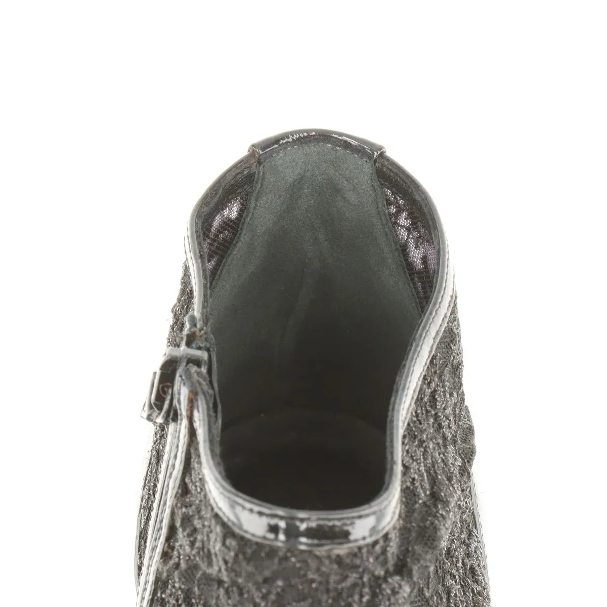 Chanel CC Logo Lace x Patent Leather Pointed Heel Boots Black