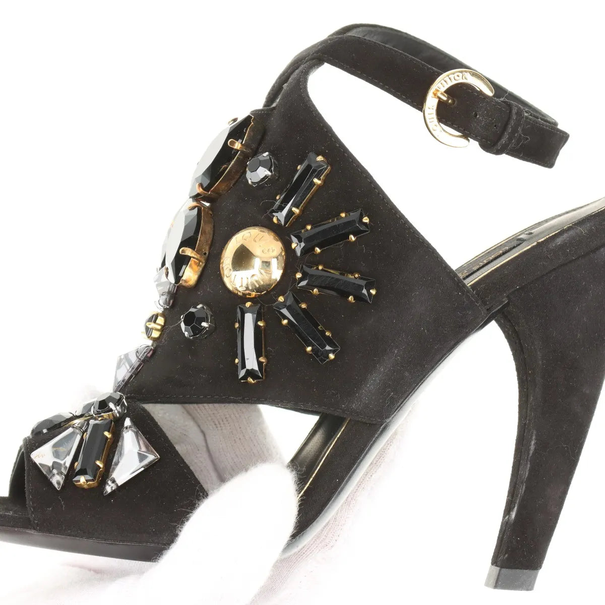 Louis Vuitton Cut Out Crsytal Suede Sandal Black