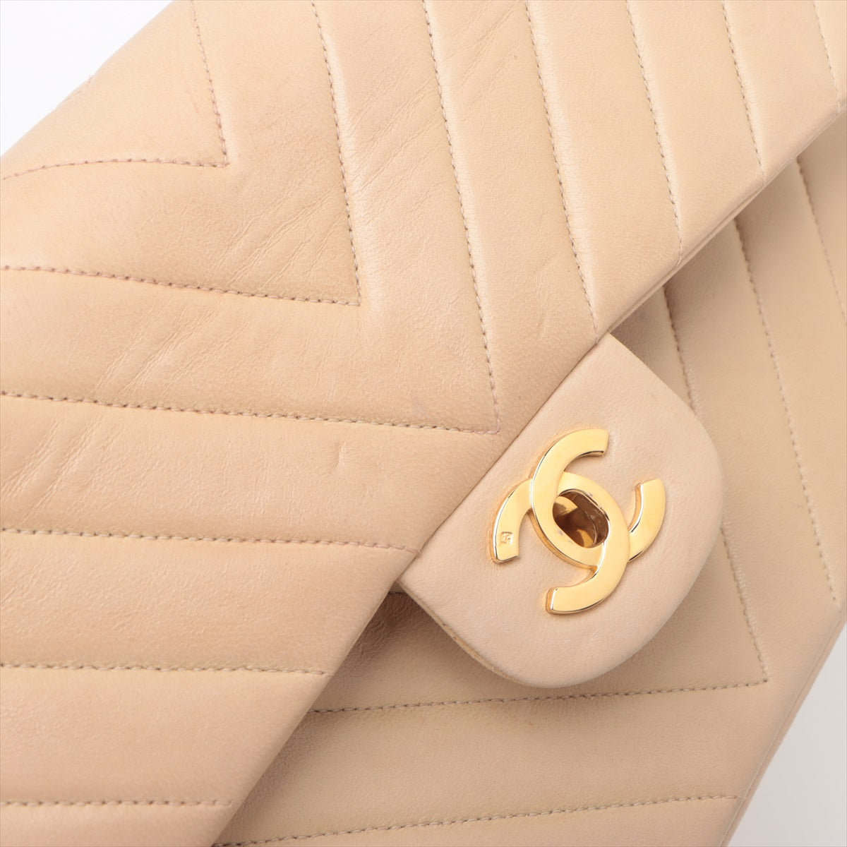 Chanel CC Logo V Stitch Lambskin Double Flap Double Chain Bag Beige