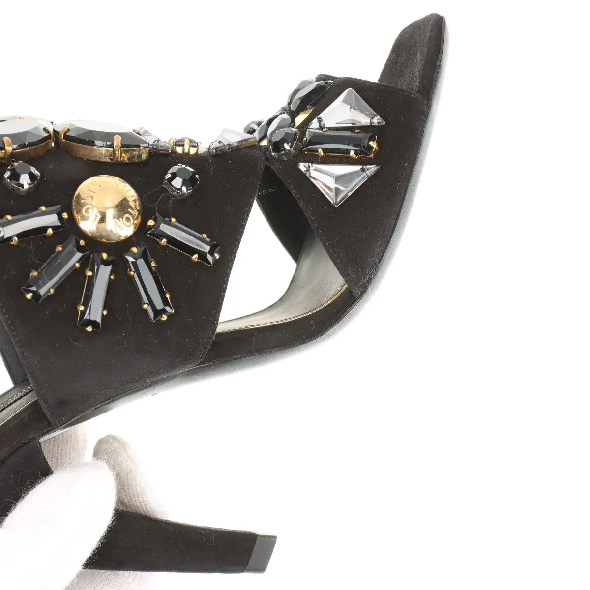 Louis Vuitton Cut Out Crsytal Suede Sandal Black