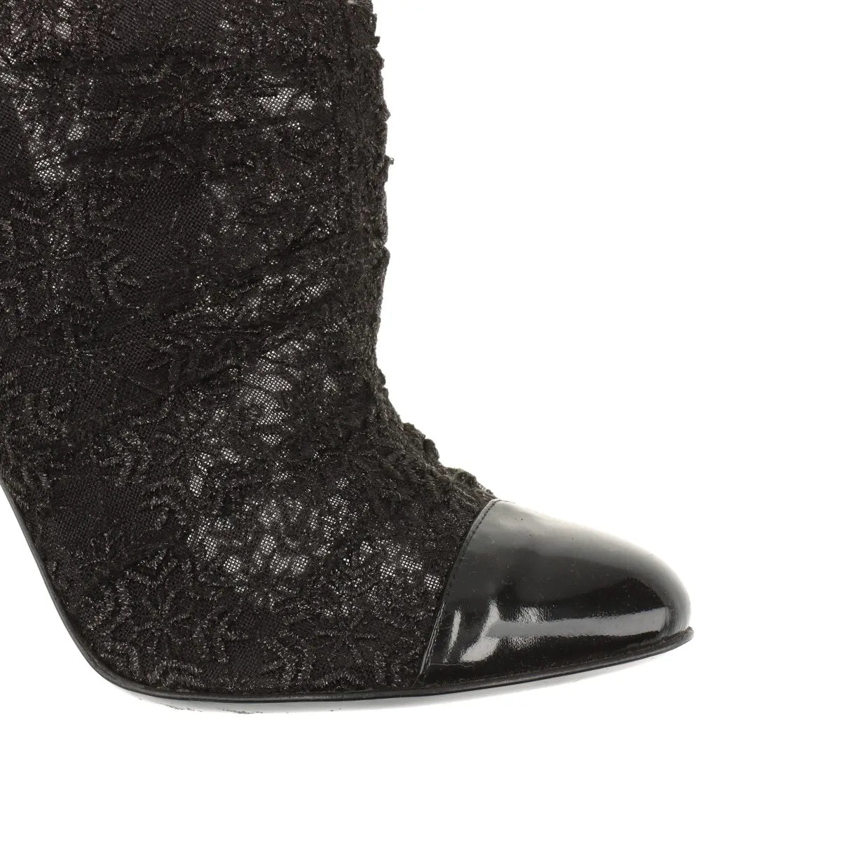 Chanel CC Logo Lace x Patent Leather Pointed Heel Boots Black