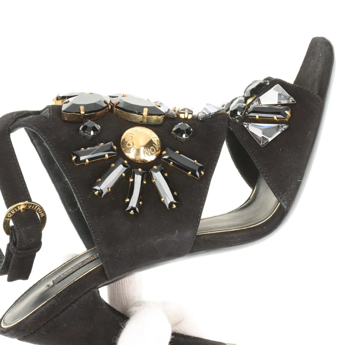 Louis Vuitton Cut Out Crsytal Suede Sandal Black