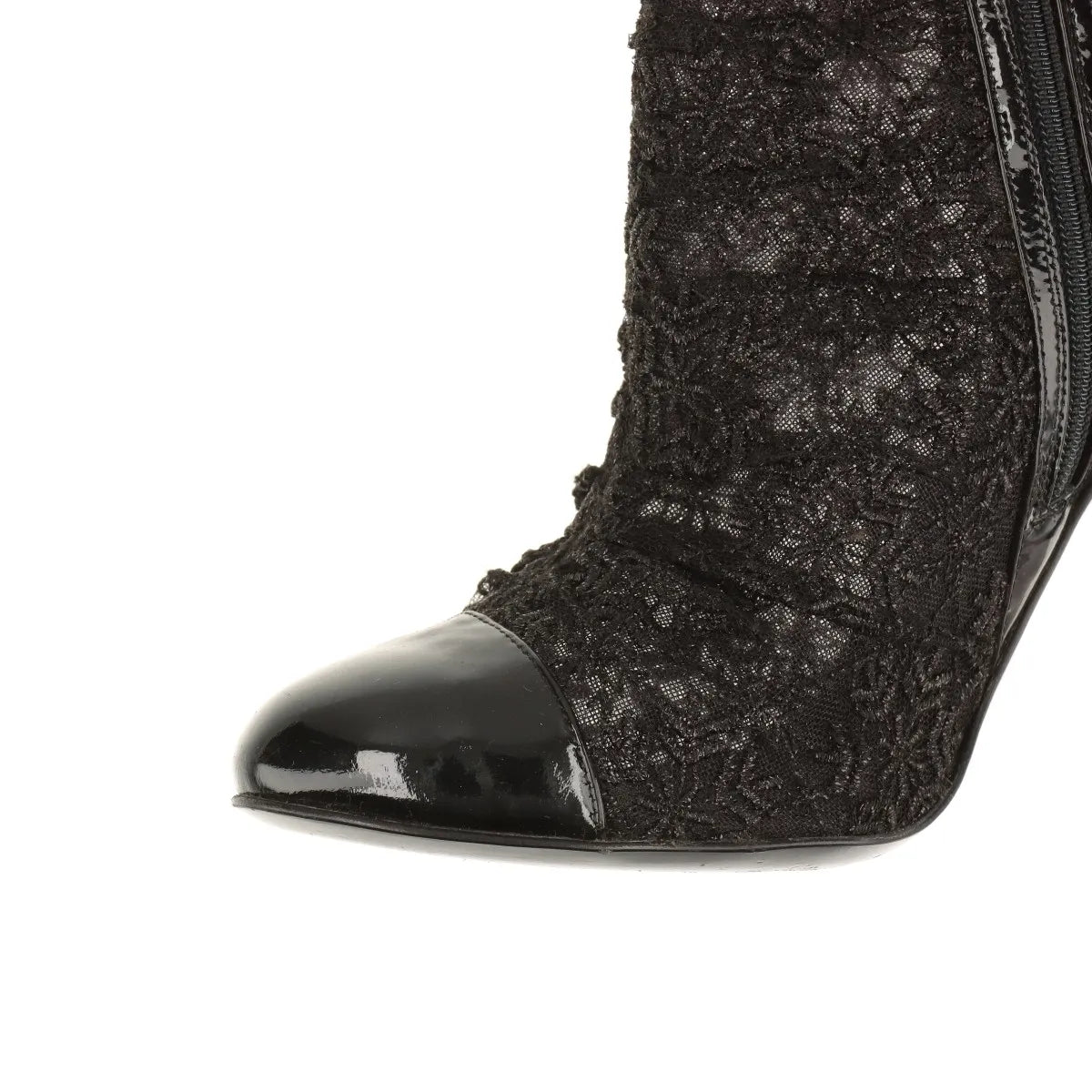 Chanel CC Logo Lace x Patent Leather Pointed Heel Boots Black