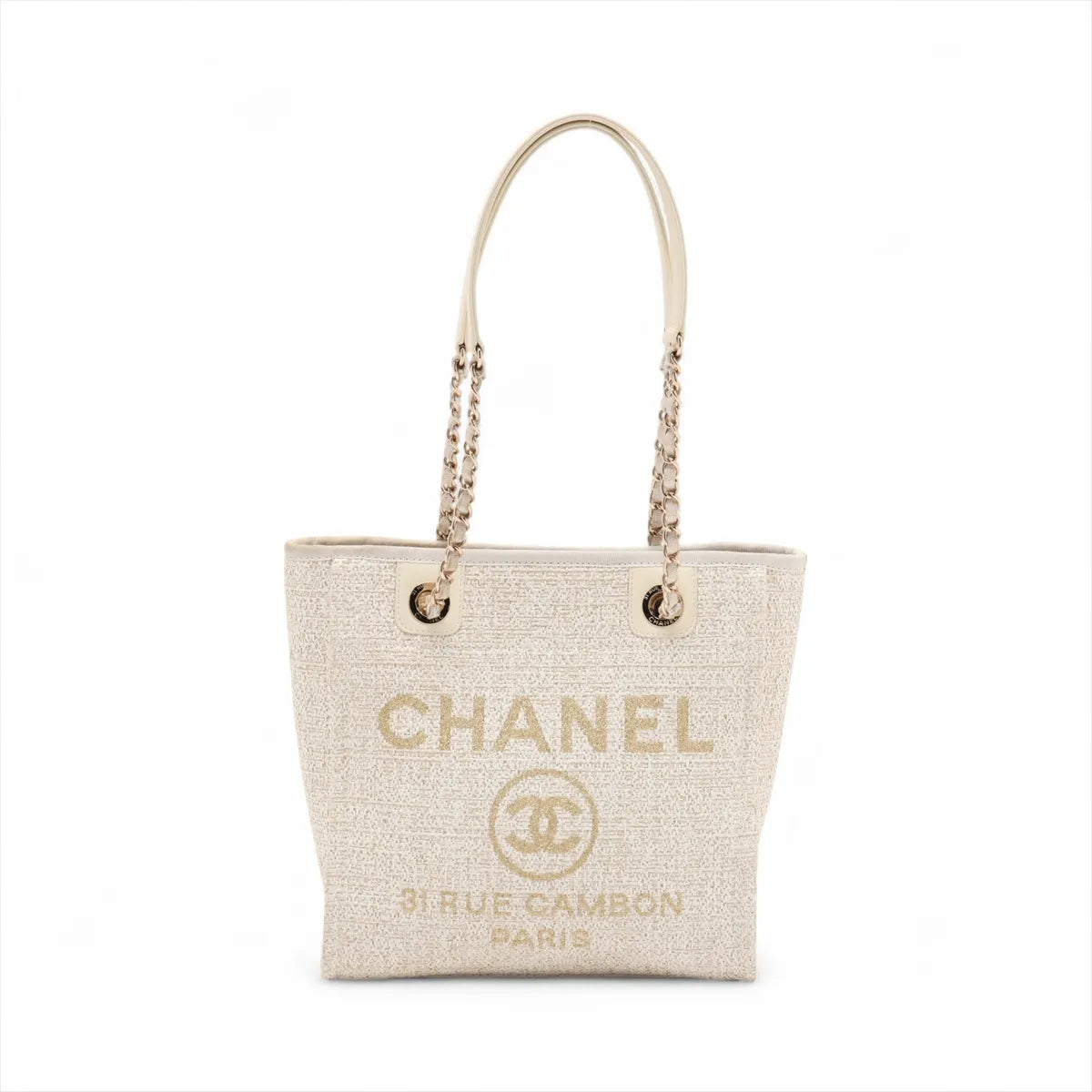 Chanel Deauville PM Tweed Leather Chain Tote Bag White Chanel Deauville PM Tweed Leather Chain Tote Bag White