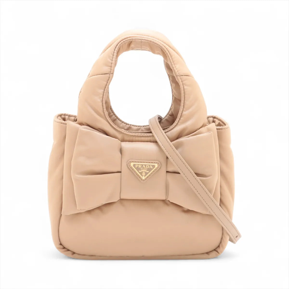 Prada Ribbon Nappa Padded Nylon Two-Way Handbag Beige