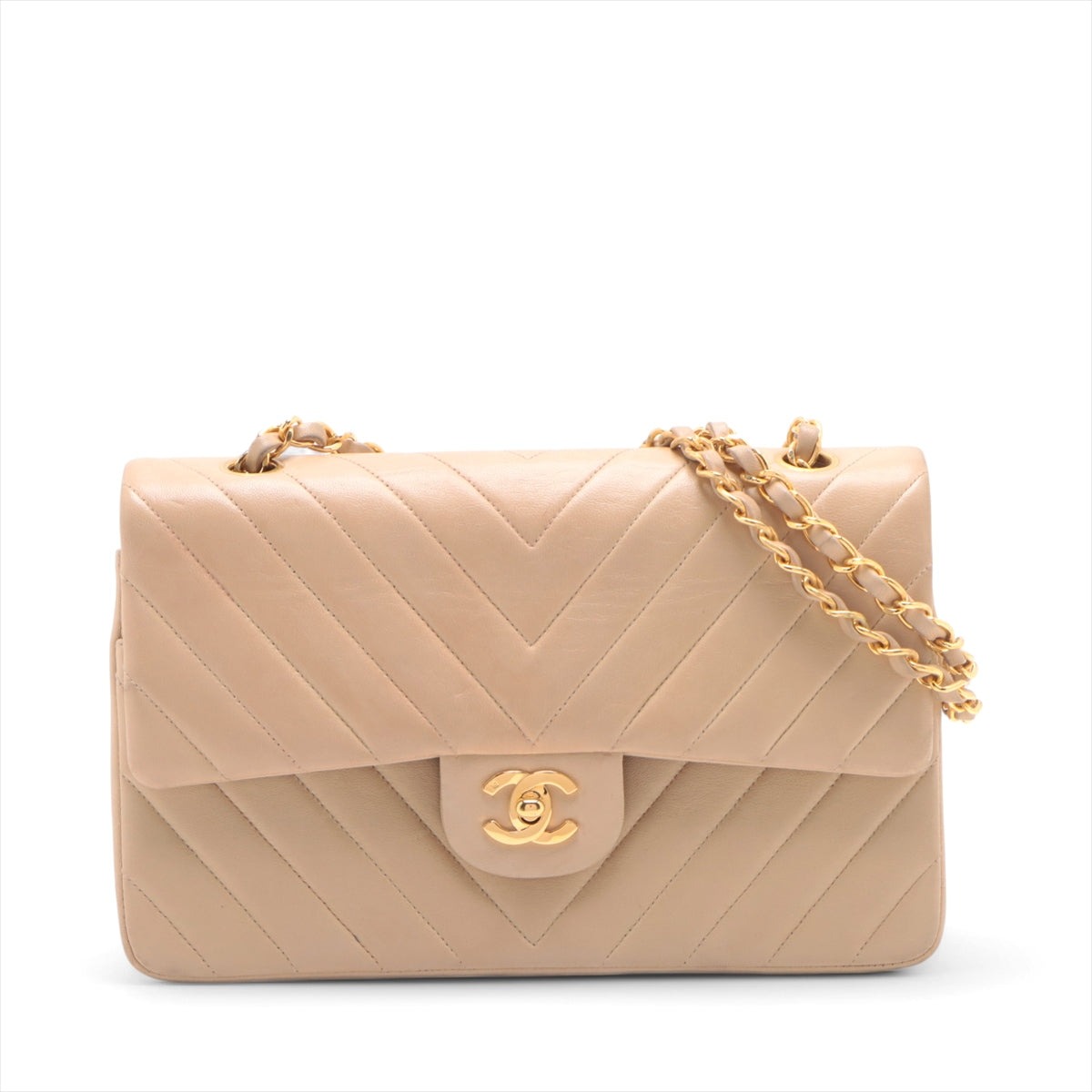 Chanel CC Logo V Stitch Lambskin Double Flap Double Chain Bag Beige