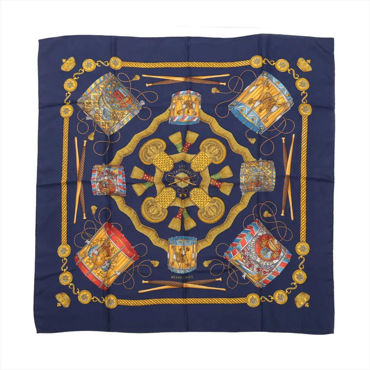 Hermes Carre 90 Les Tambours Drums Silk Scarf Navy Blue — product photo 1