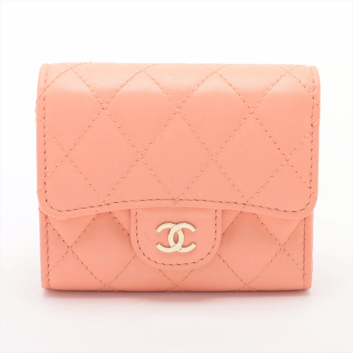 Chanel CC Logo Matelasse Lambskin Compact Wallet Pink Salmon