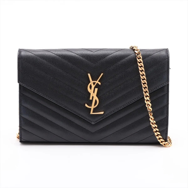 Saint Laurent Paris Cassandre Leather Wallet on Chain Black