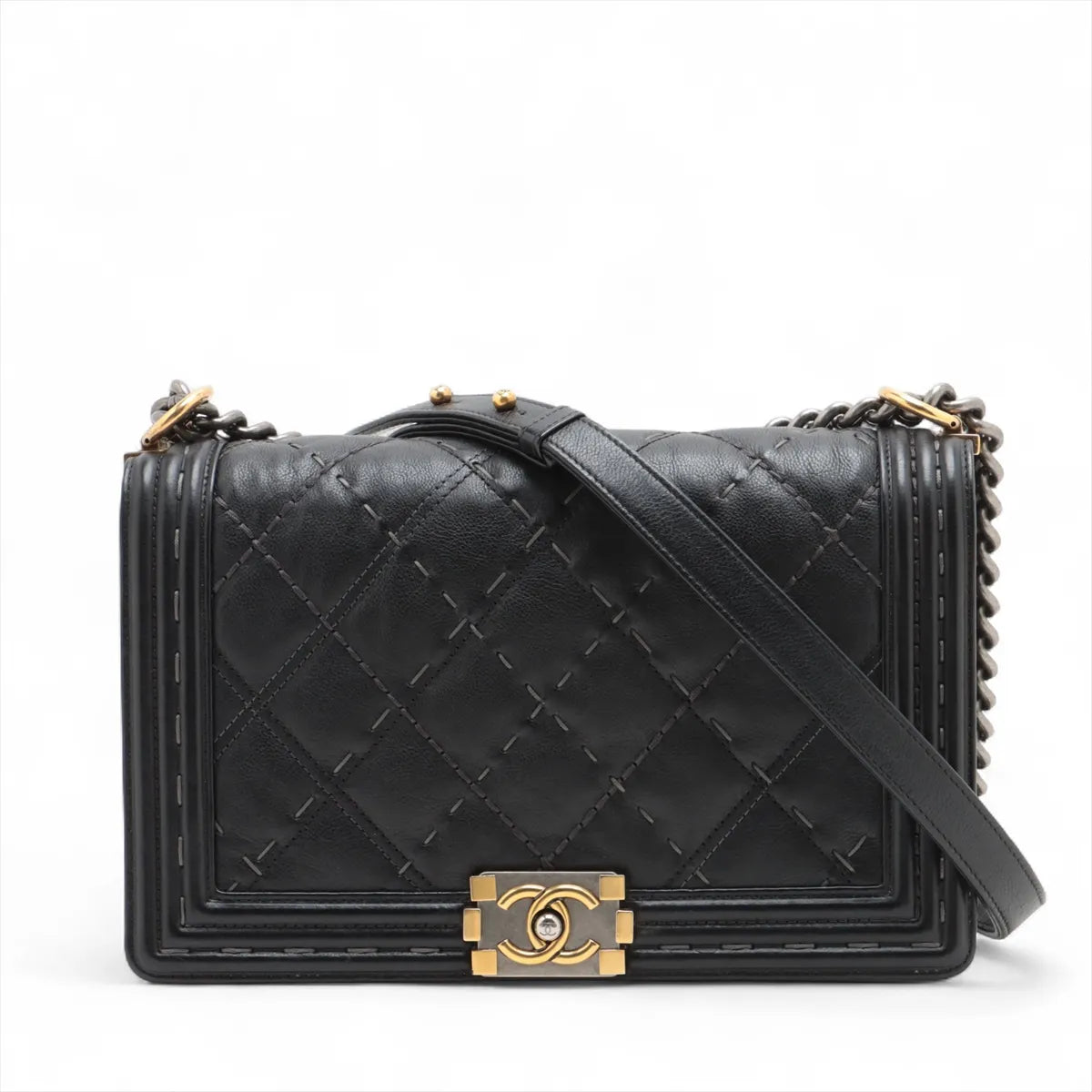 Chanel Boy Chanel 28 Matelasse Large Wild Stitch Leather Chain Shoulder Bag Black