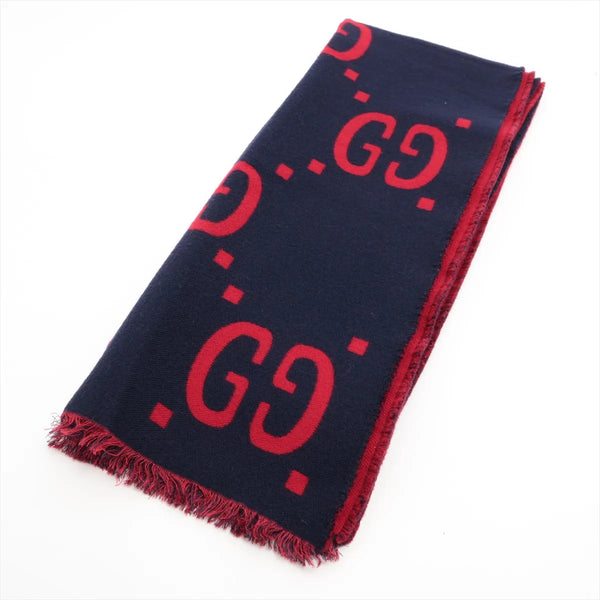 Gucci GG Jacquard Wool & Silk Scarf Navy x Red