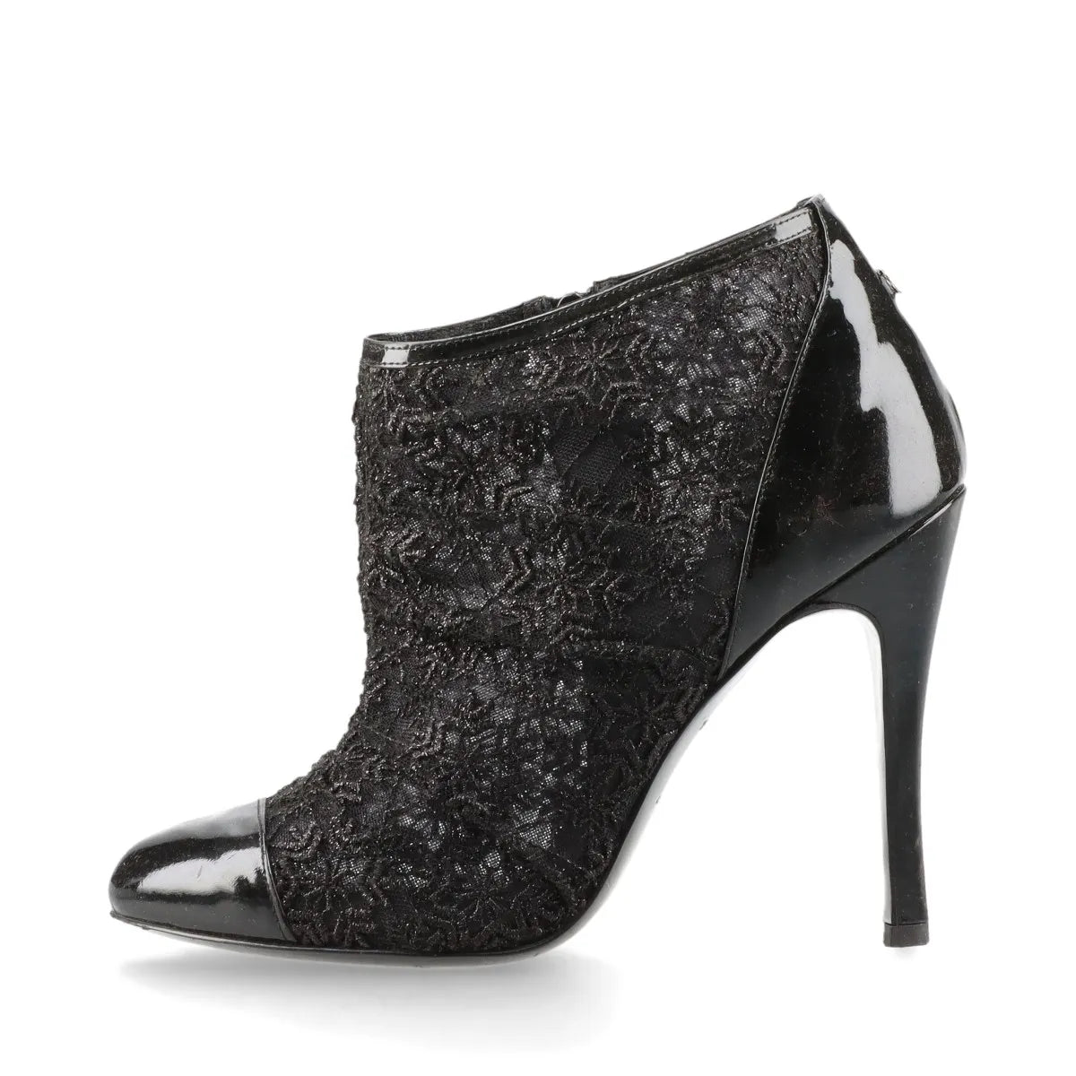 Chanel CC Logo Lace x Patent Leather Pointed Heel Boots Black