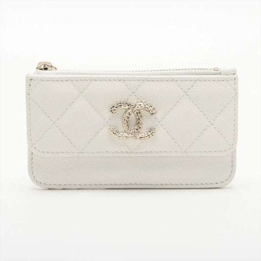 Chanel CC Logo Matelasse Caviar Skin Coin Card Wallet White