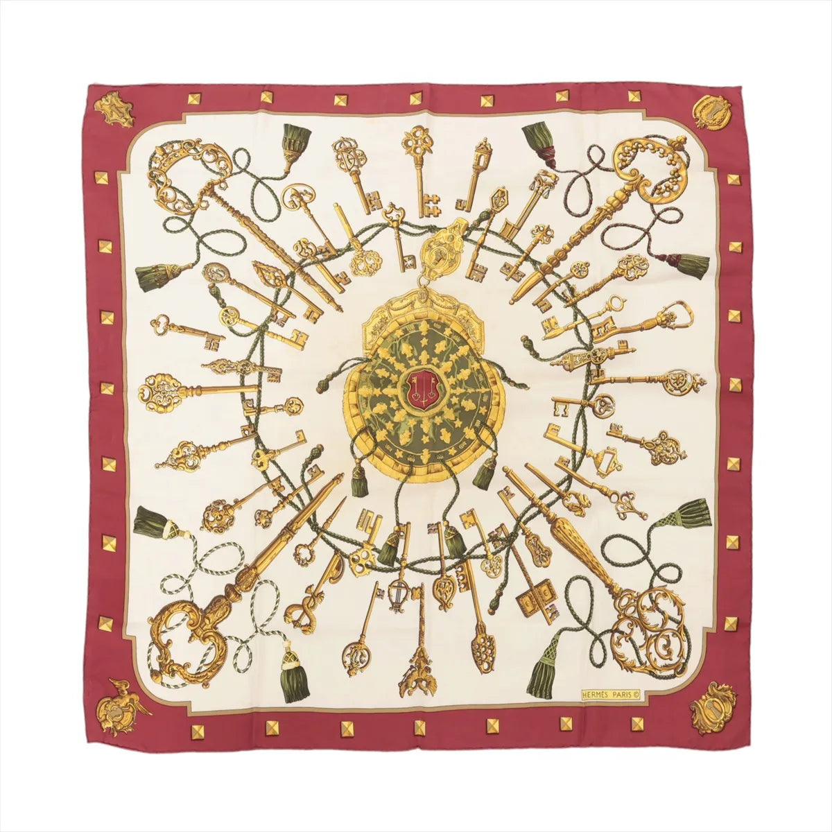 Chanel Carre 90 Les Cles Keys Silk Scarf Beige x Bordeaux