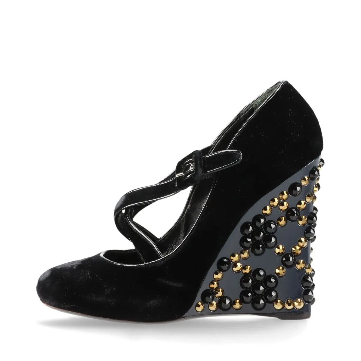 Louis Vuitton Veau Velours Strap Wedge Stud Pumps Black