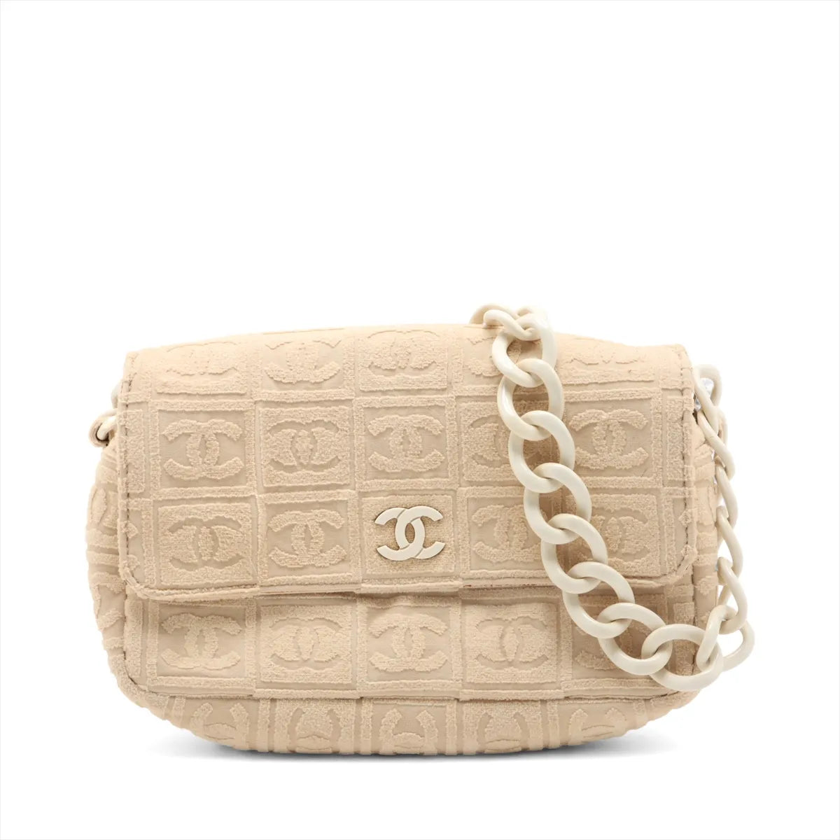 Chanel CC Logo Jacquard Terry Cloth Chain Shoulder Bag Beige