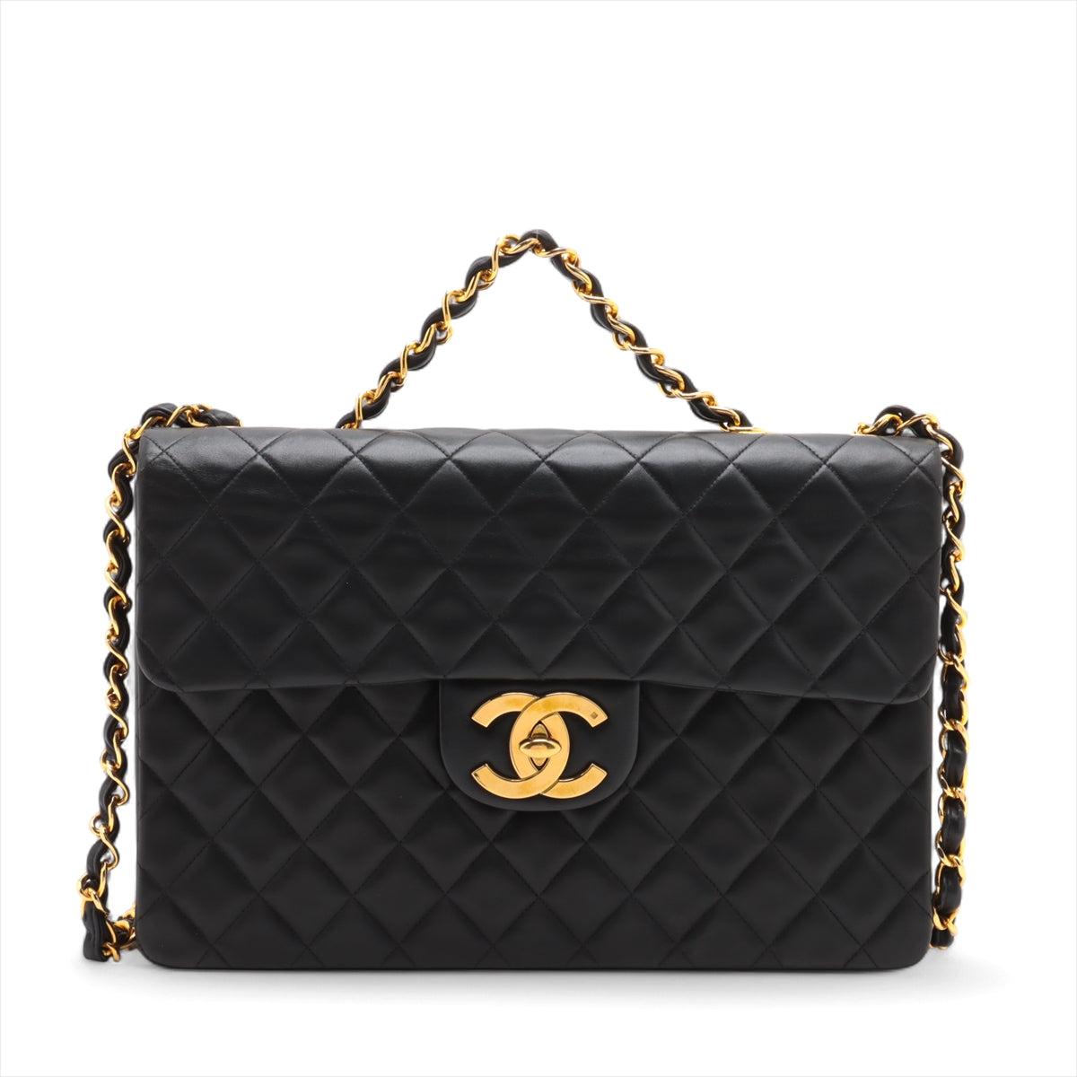 Chanel CC Logo Matelasse 34 Maxi Lambskin Single Flap Double Chain Shoulder Bag Black * PREDORDER *