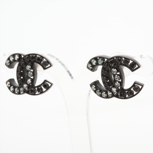 Chanel CC Logo Stud Earring Black x White Rhinestone