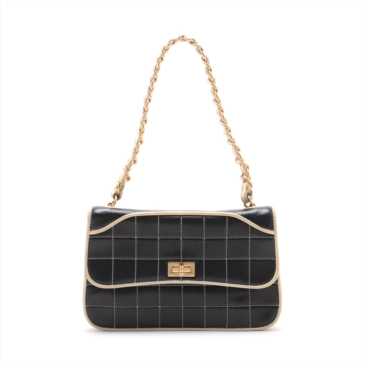Chanel Chocolate Bar Lambskin Chain Shoulder Bag Black x Ivory