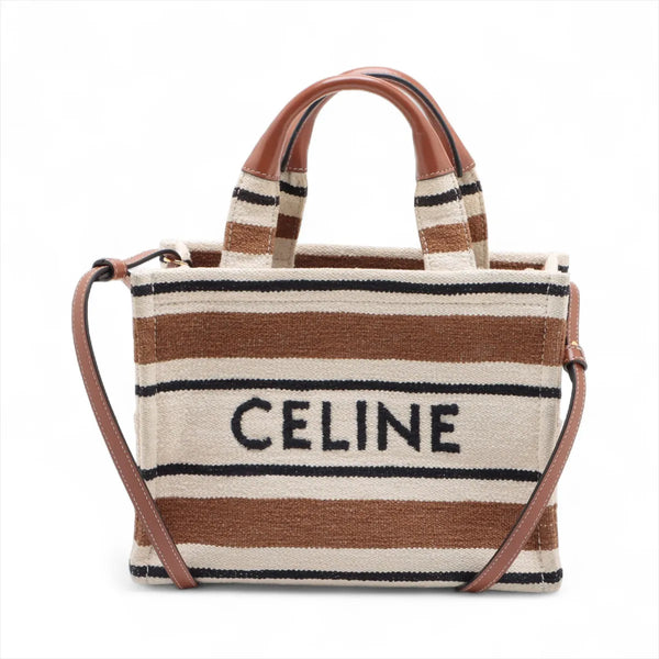 Celine Striped Canvas Leather Two-Way Handbag Brown