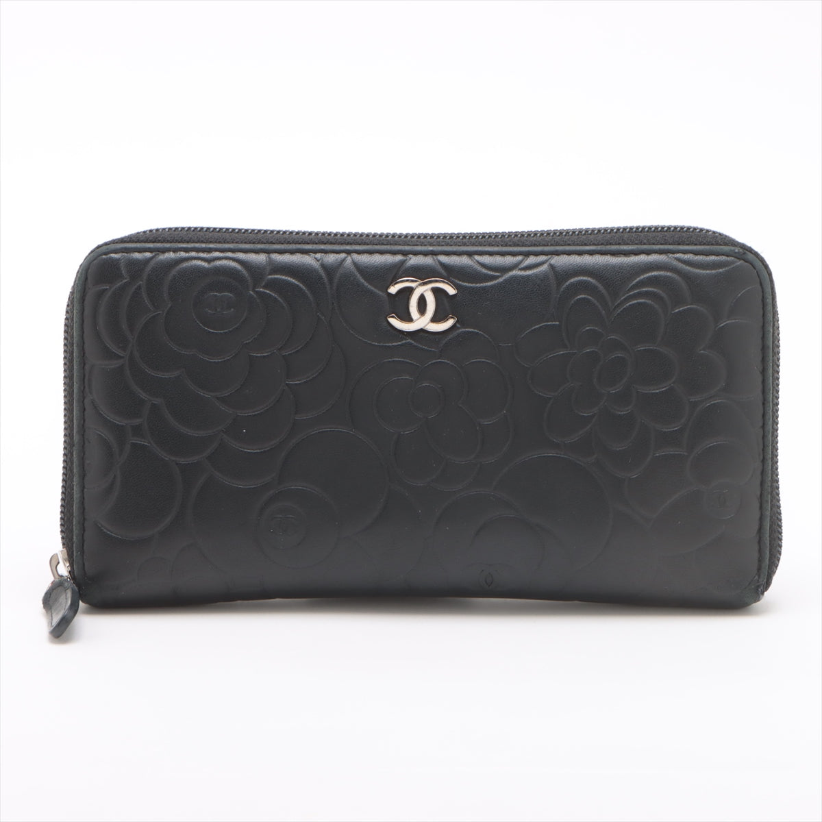 Best Chanel CC Logo Camelia Lambskin Zippy Long Wallet Black