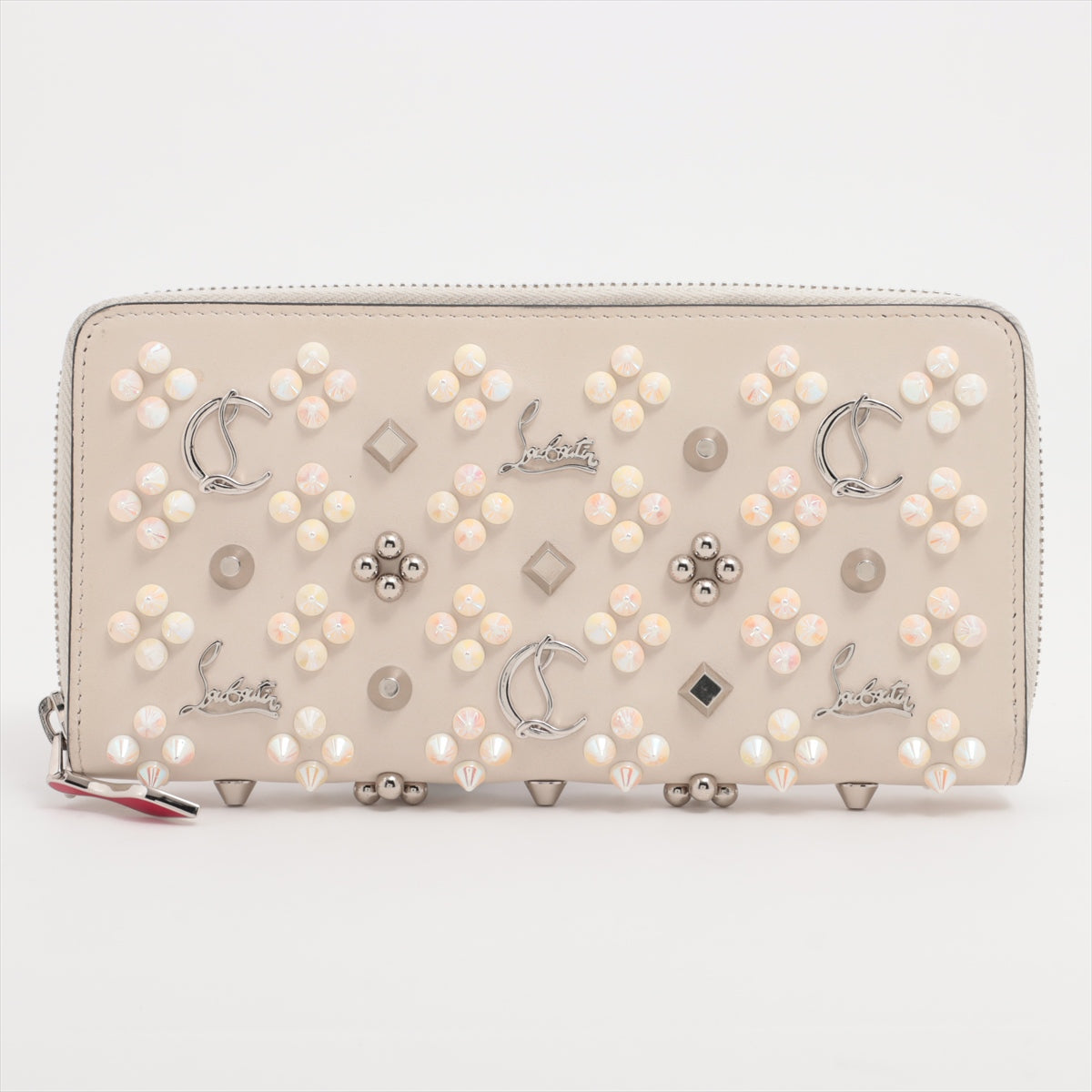 Christian Louboutin Panettone Rock Studs Leather Zip Round Wallet Ivory