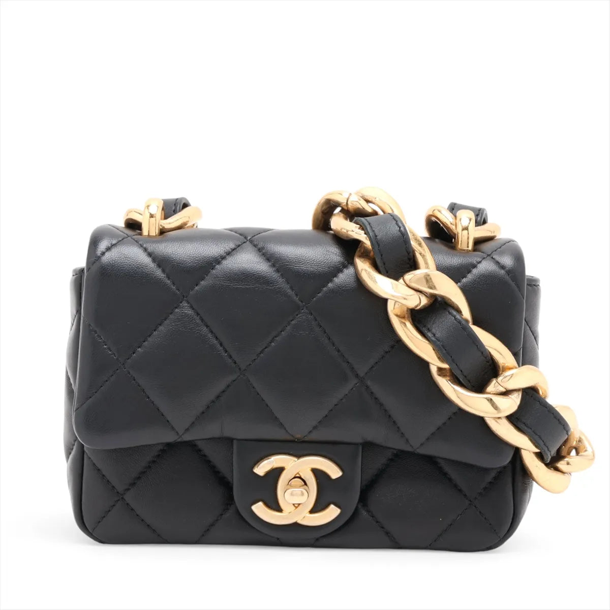 Chanel CC Logo Mini Matelasse Lambskin Chunky Chain Shoulder Bag Black