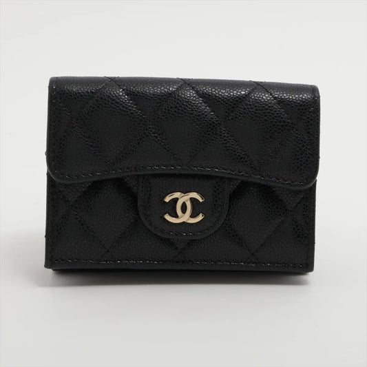 Chanel CC Logo Matelasse Caviar Skin Compact Wallet Black