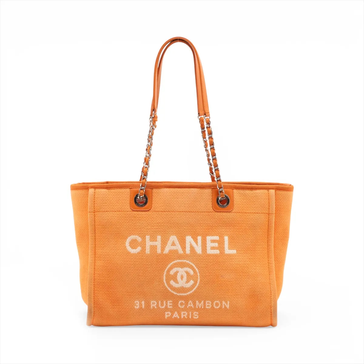 Chanel Deauville MM Canvas Leather Chain Tote Bag Orange