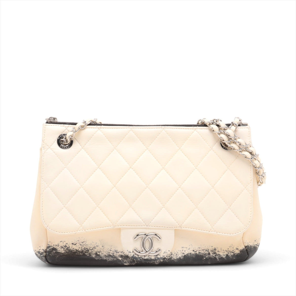Chanel CC Logo Blizzard Matelasse Lambskin Chain Zip Top Flap Bag Black × White