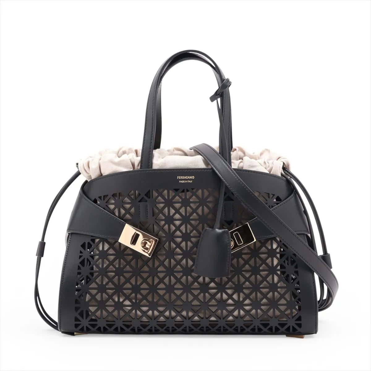 Ferragamo Hug Lazer-cut Panels Leather Two-Way Handbag Black