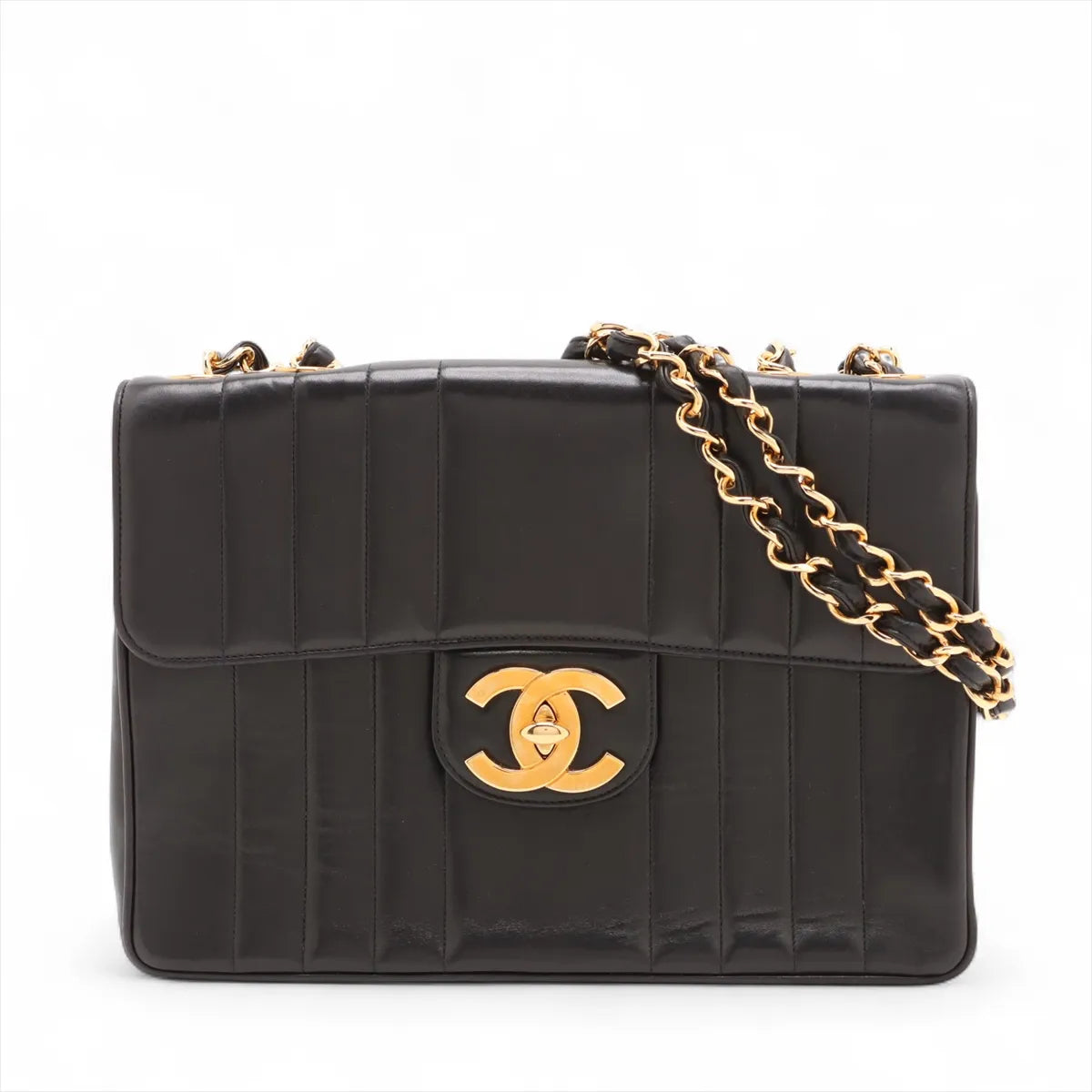 Chanel Deca Mademoiselle Lambskin Single Flap Double Chain Bag Black