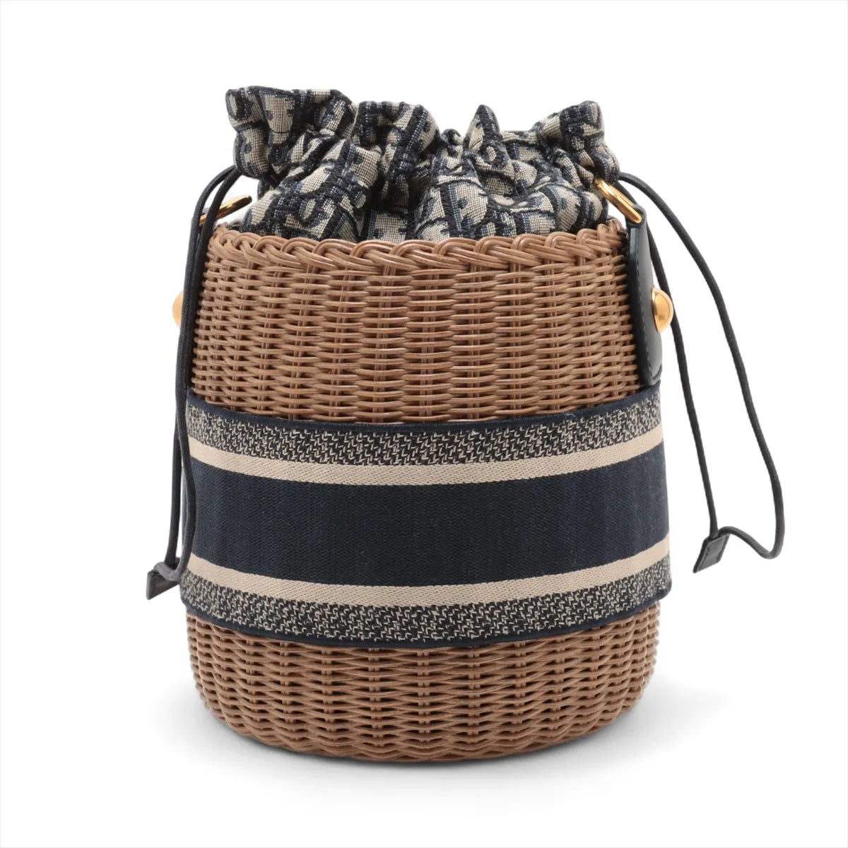 Christian Dior Oblique Rattan Canvas Bucket Shoulder Bag Beige x Navy Blue