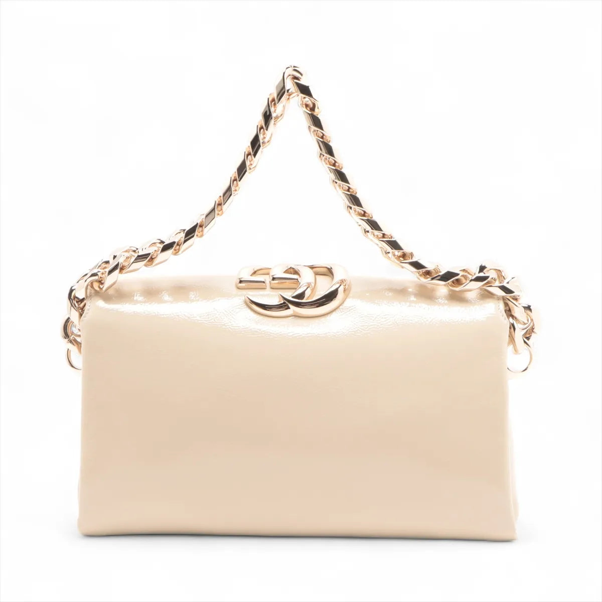 Gucci GG Logo Pochette Patent Leather Chain Shoulder Bag Beige