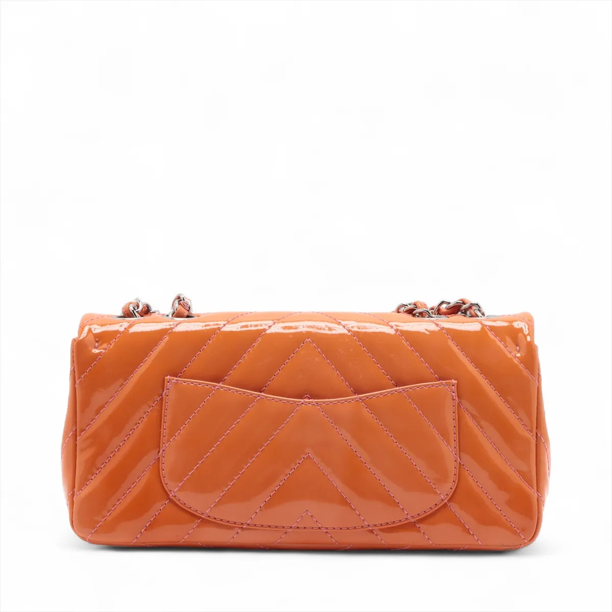 Chanel CC Logo Chevron Patent Leather Single Flap Double Chain Bag Salmon x Pink