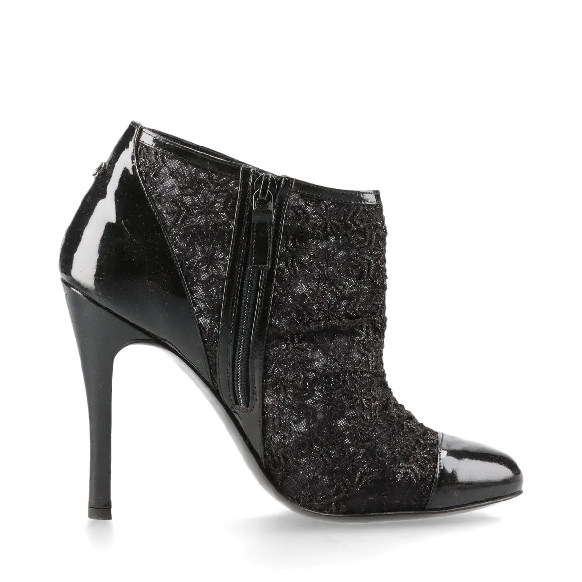 Chanel CC Logo Lace x Patent Leather Pointed Heel Boots Black