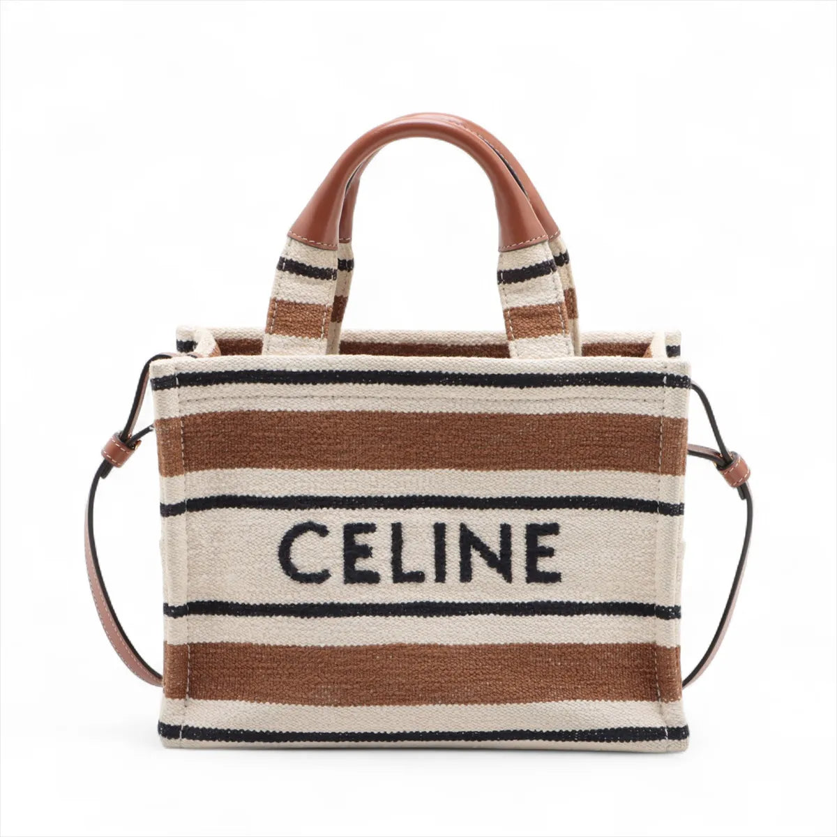Celine Striped Canvas Leather Two-Way Handbag Brown