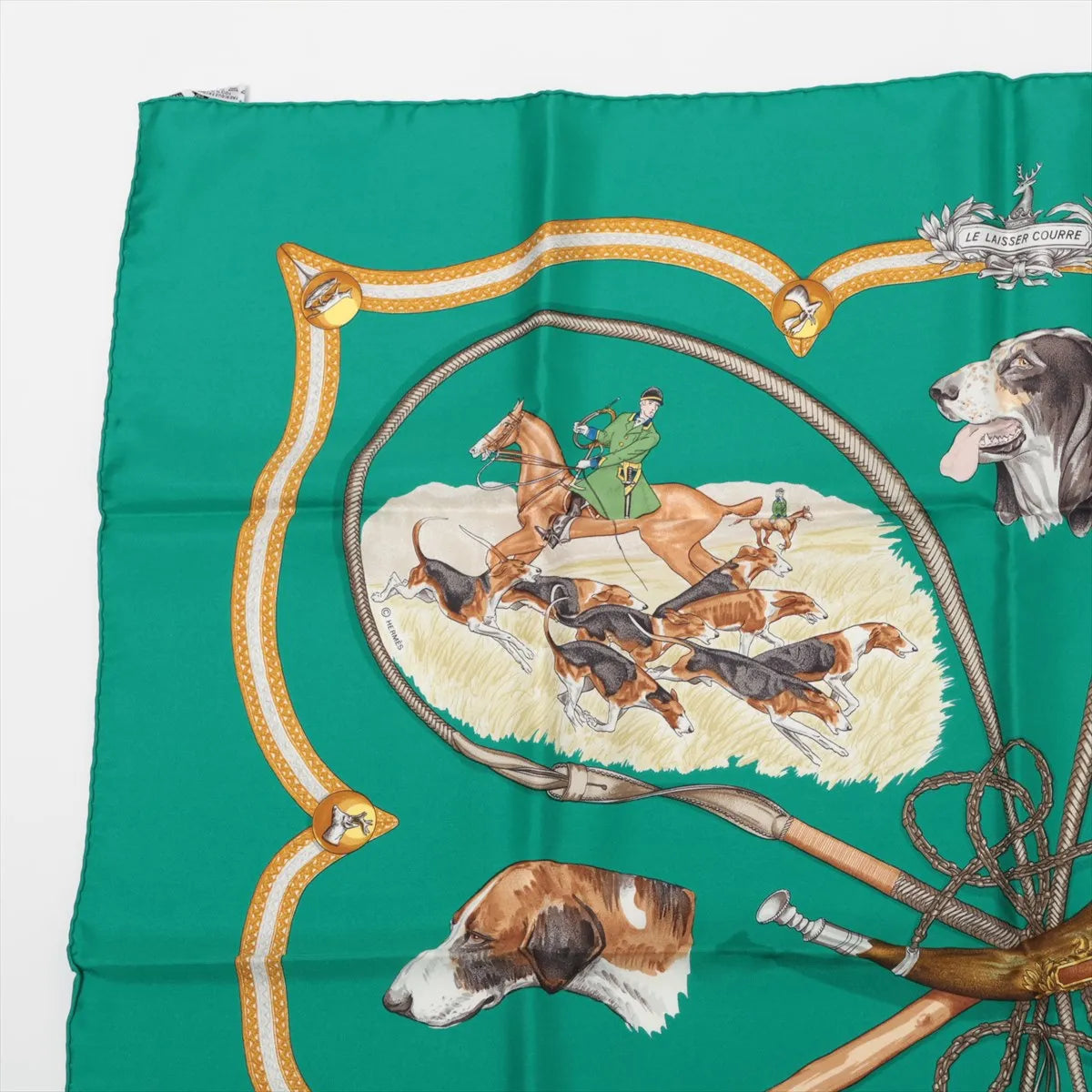 Hermès Carré 90 Chiens Au Rapport Hounds Scarf Green
