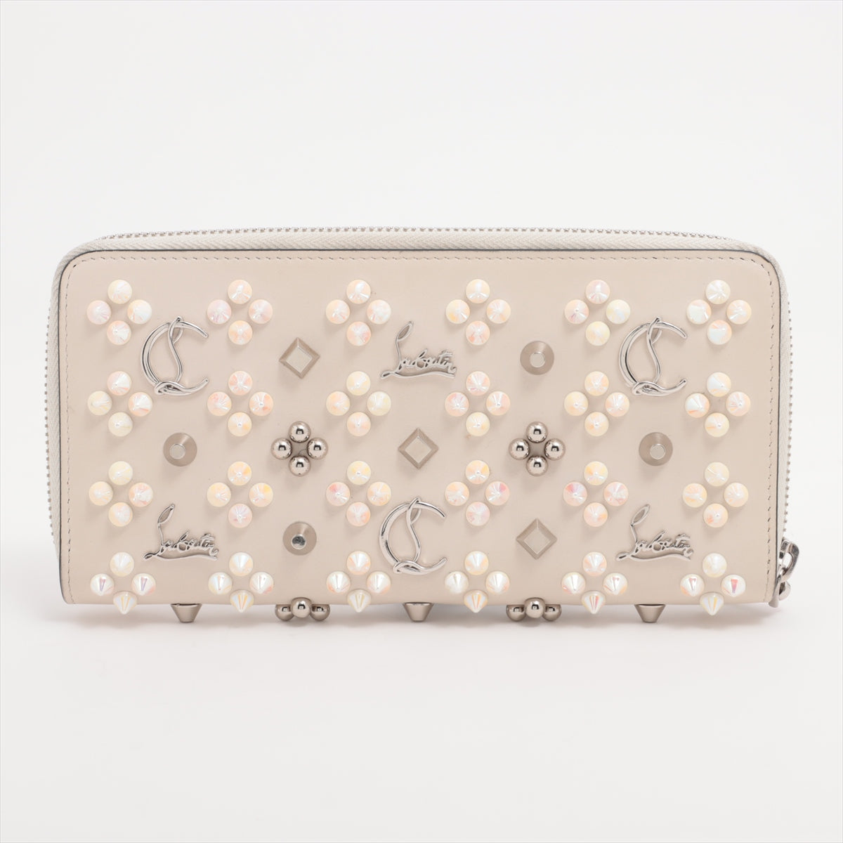 Christian Louboutin Panettone Rock Studs Leather Zip Round Wallet Ivory