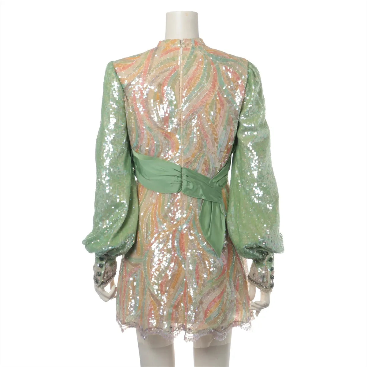 Gucci Sequins *exclusive runway* Silk Ribbon Long Sleeve Mini Dress Orange x Green
